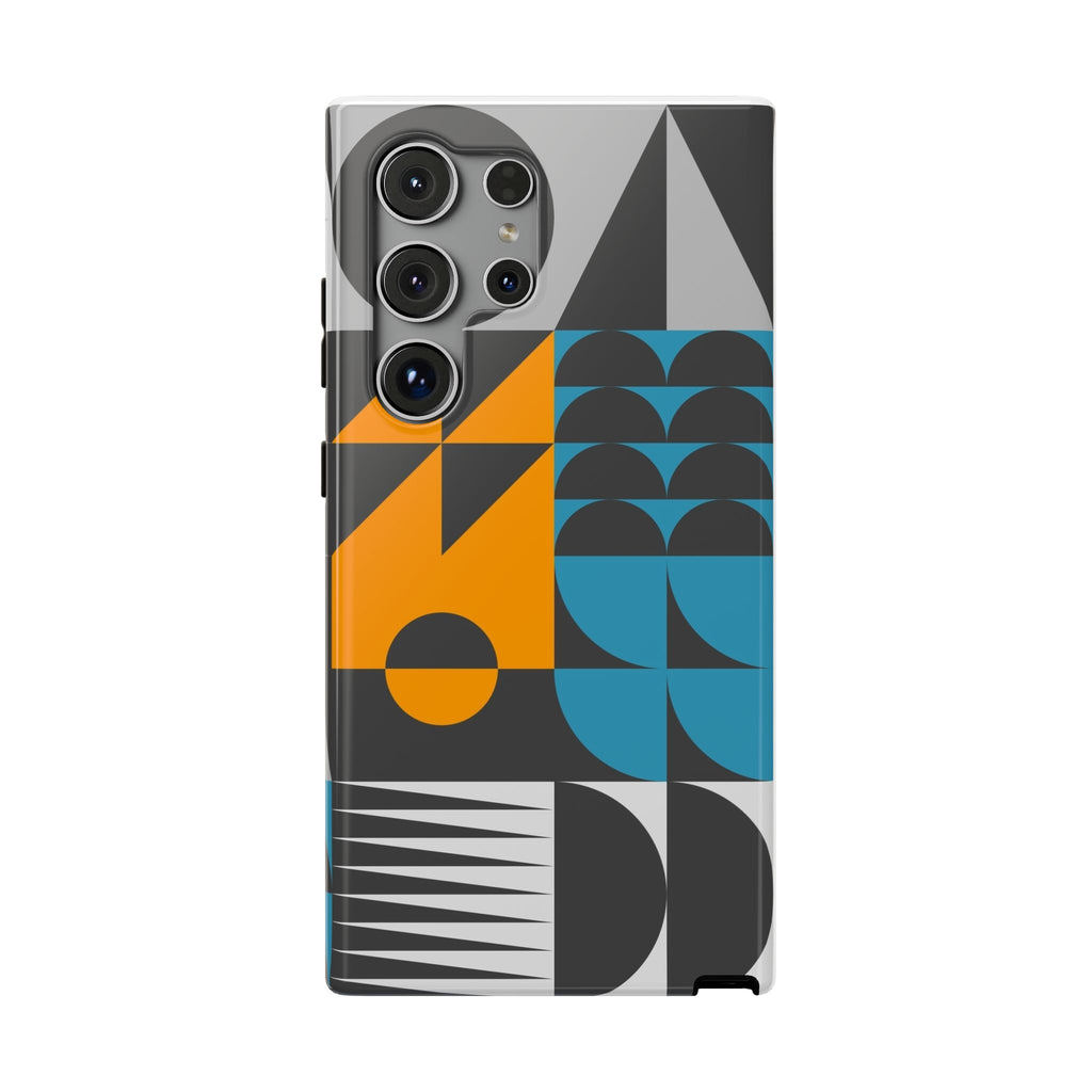 Impact-Resistant Phone Case — Mid-Century Geometric Pattern (Blue & Orange)