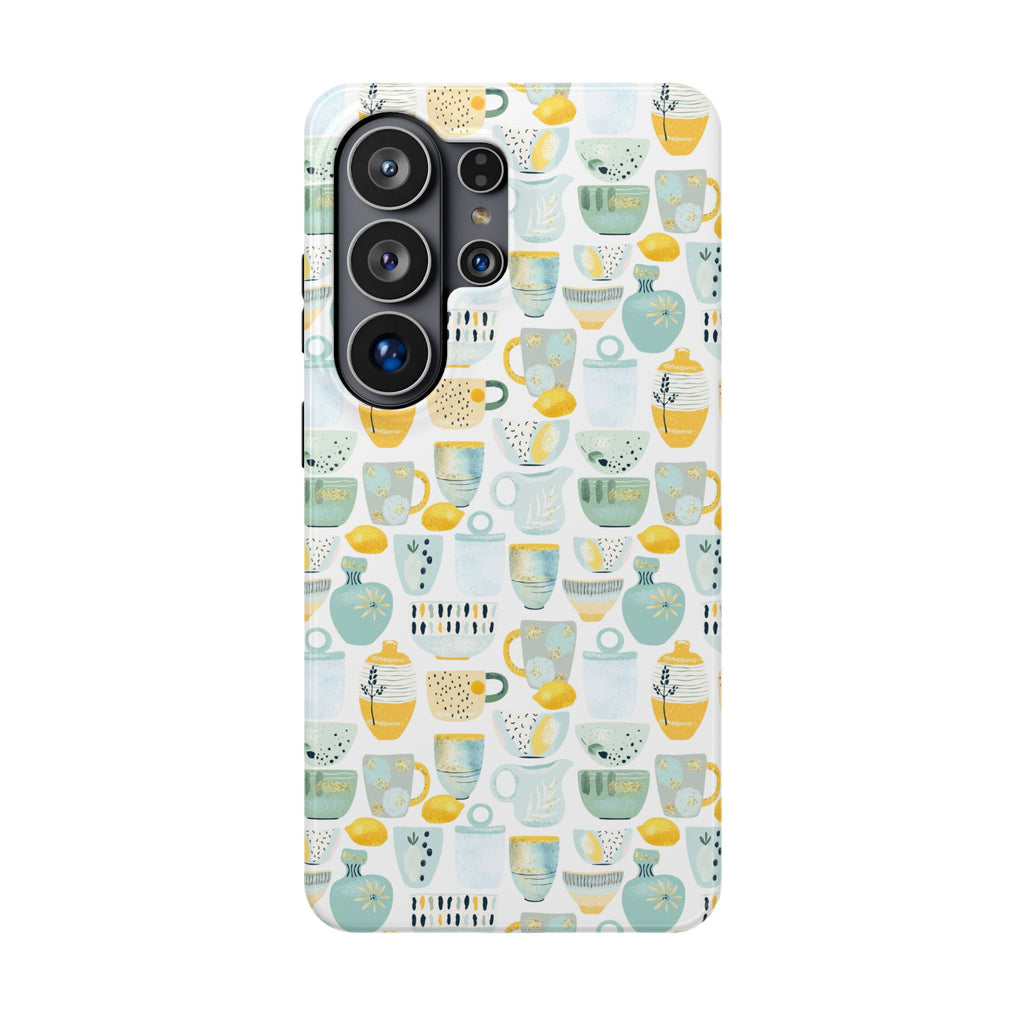 Ceramic Mugs Pattern Impact-Resistant Phone Case — Pastel Teacups & Lemons Design