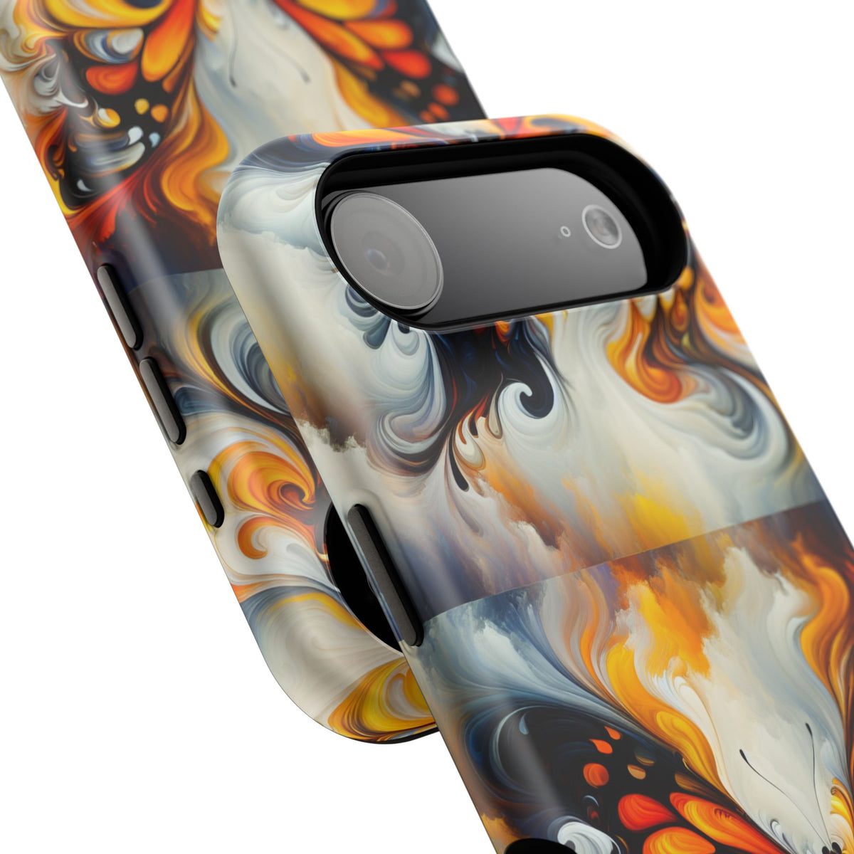 Impact-Resistant Phone Case — Orange & Black Swirl Butterfly Design