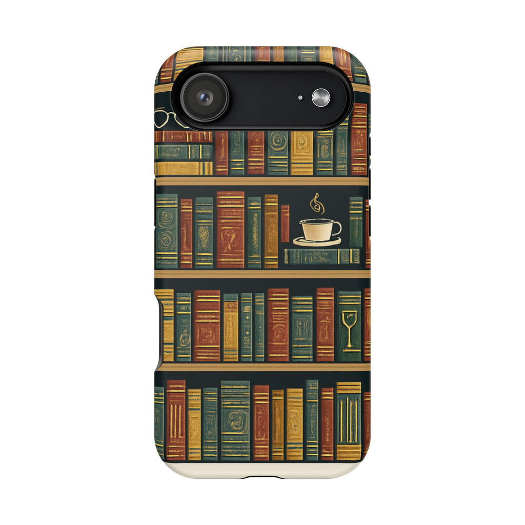 Booklover Phone Case — Library Shelf Pattern with Coffee Cup | Impact-Resistant