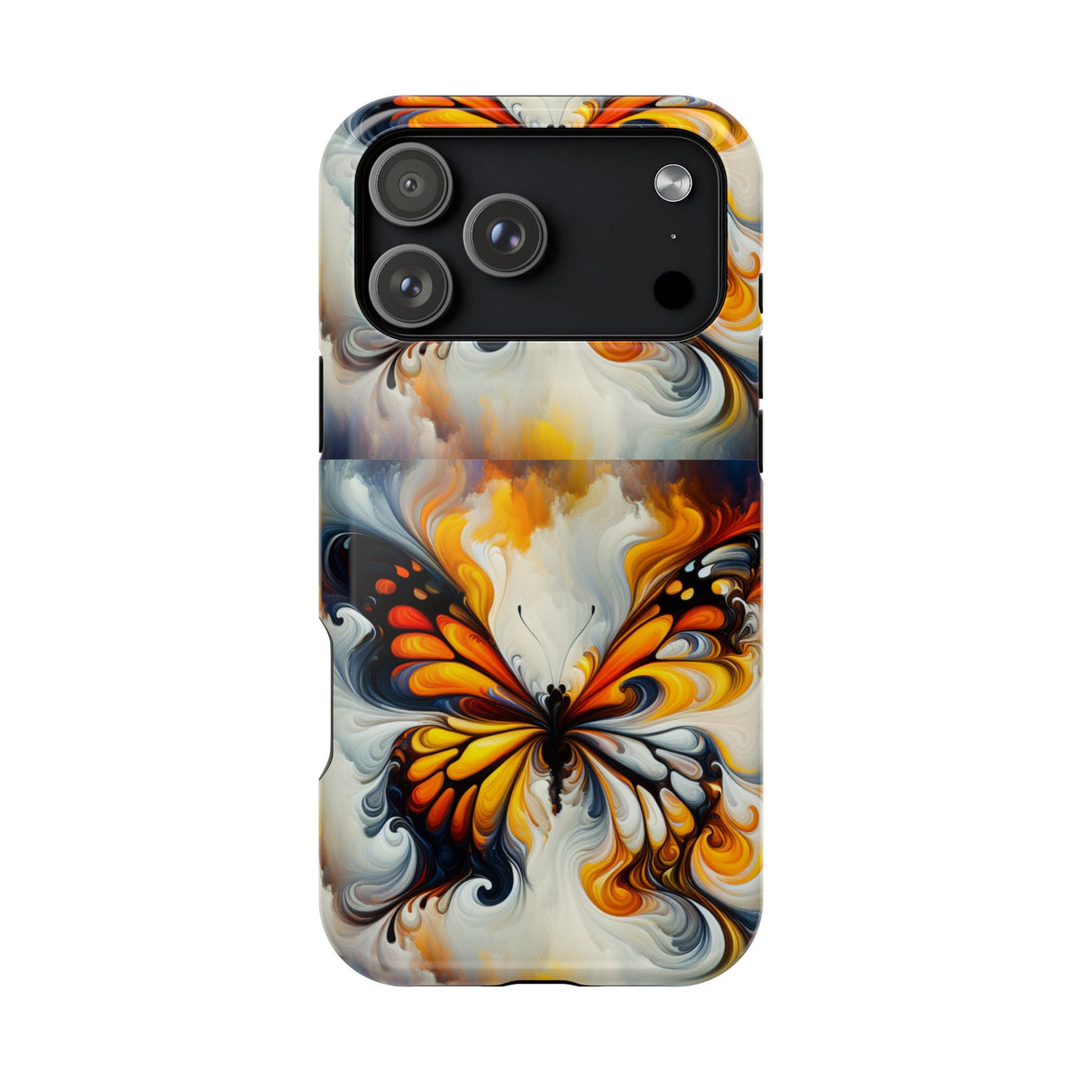 Impact-Resistant Phone Case — Orange & Black Swirl Butterfly Design