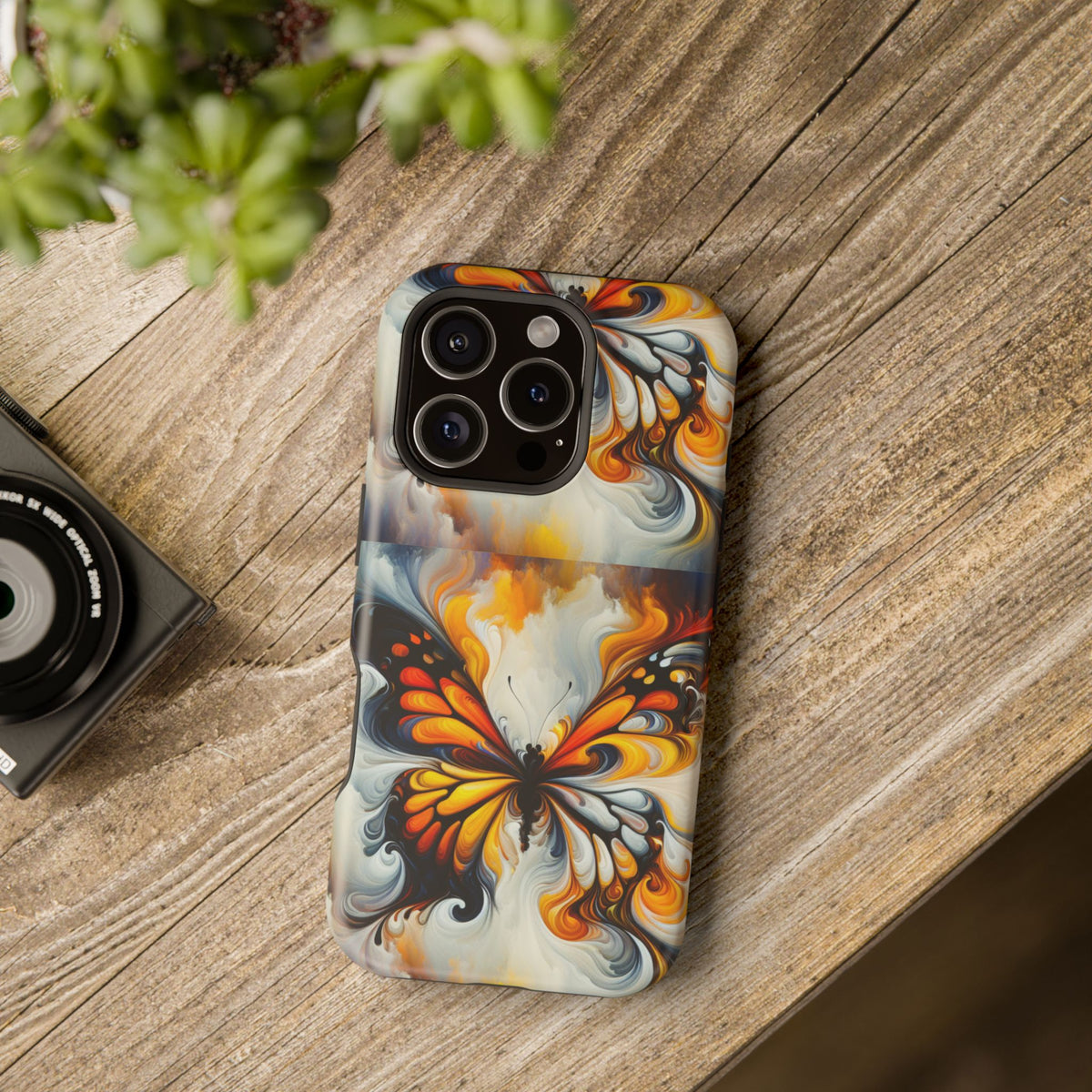 Impact-Resistant Phone Case — Orange & Black Swirl Butterfly Design