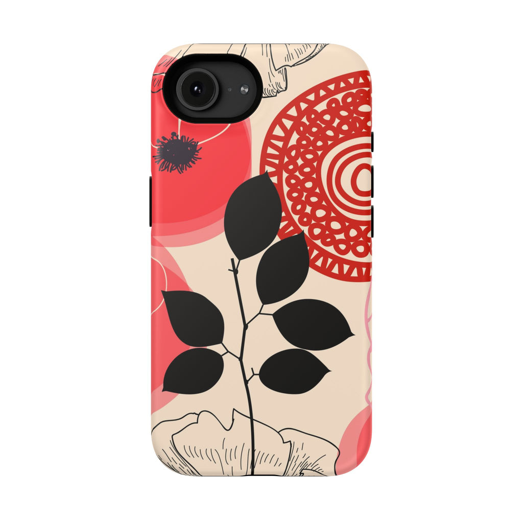 Floral Mandala, Red & Black leaf iPhone Impact-Resistant Phone Cases