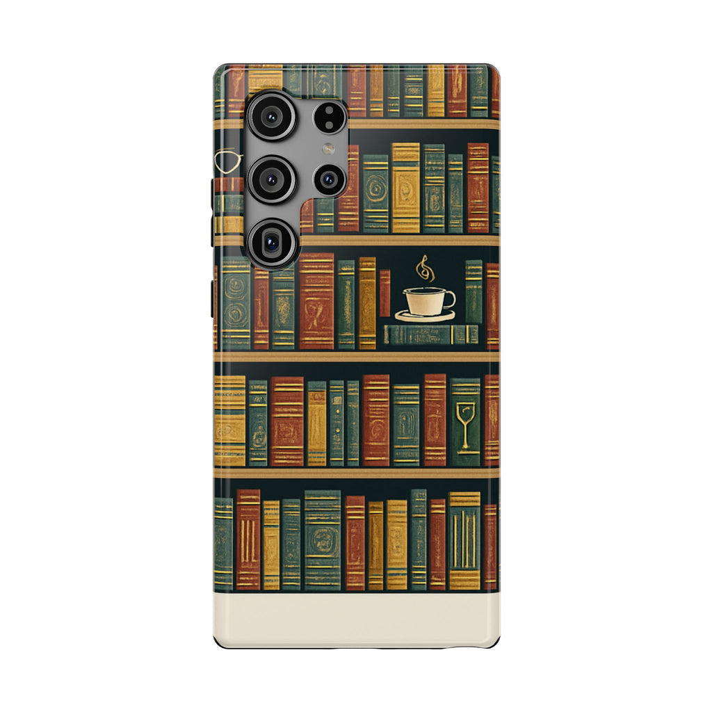 Booklover Phone Case — Library Shelf Pattern with Coffee Cup | Impact-Resistant