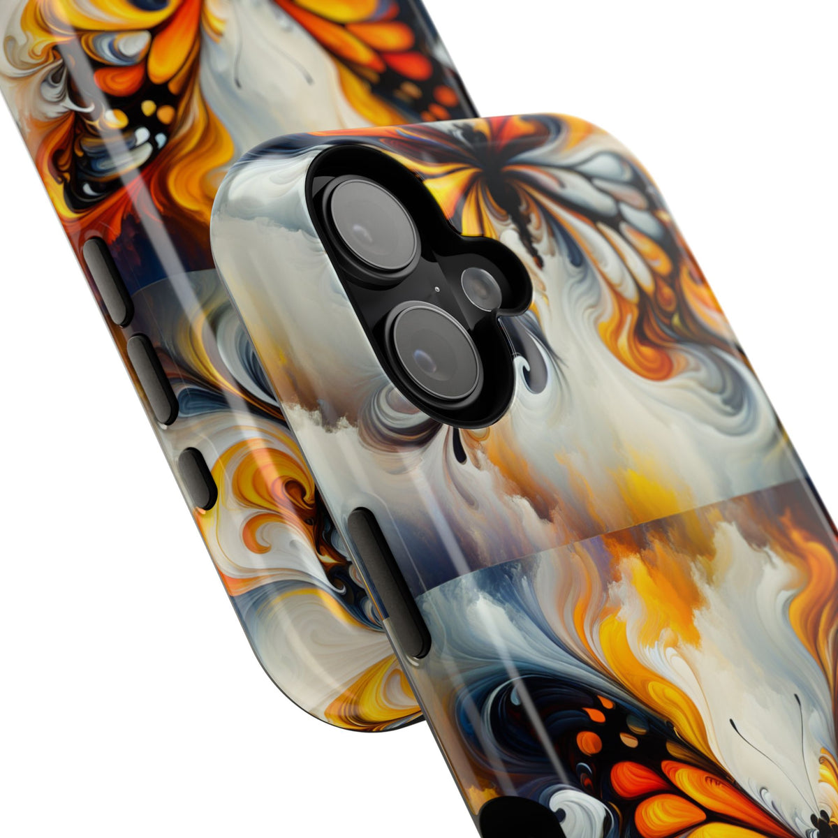 Impact-Resistant Phone Case — Orange & Black Swirl Butterfly Design