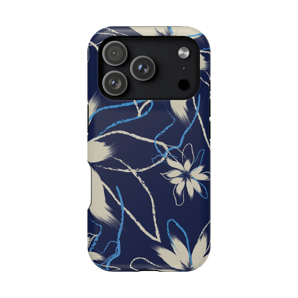 Floral Navy Impact-Resistant Phone Case — Blue Plumeria Design