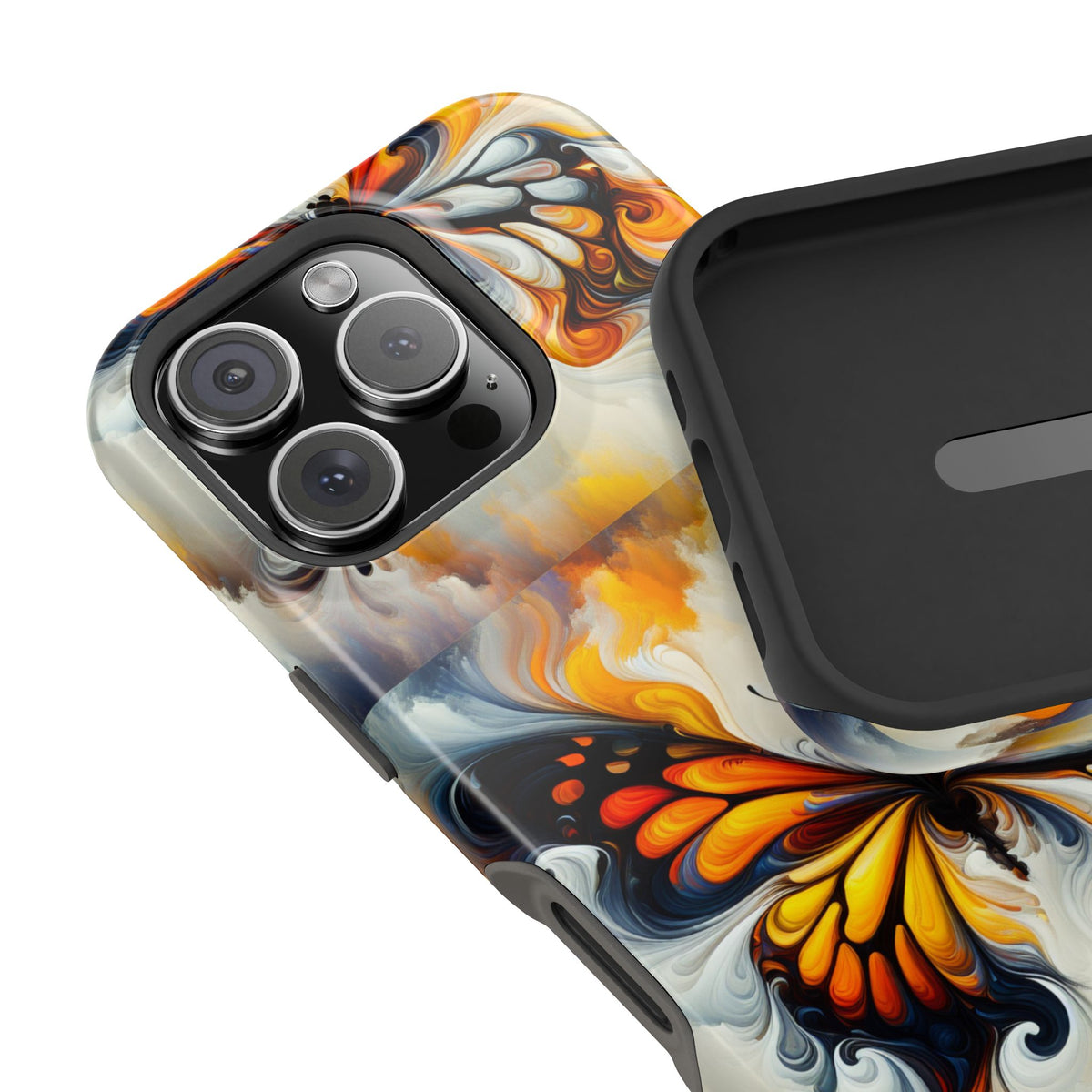 Impact-Resistant Phone Case — Orange & Black Swirl Butterfly Design