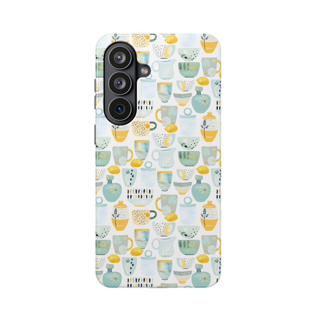 Ceramic Mugs Pattern Impact-Resistant Phone Case — Pastel Teacups & Lemons Design