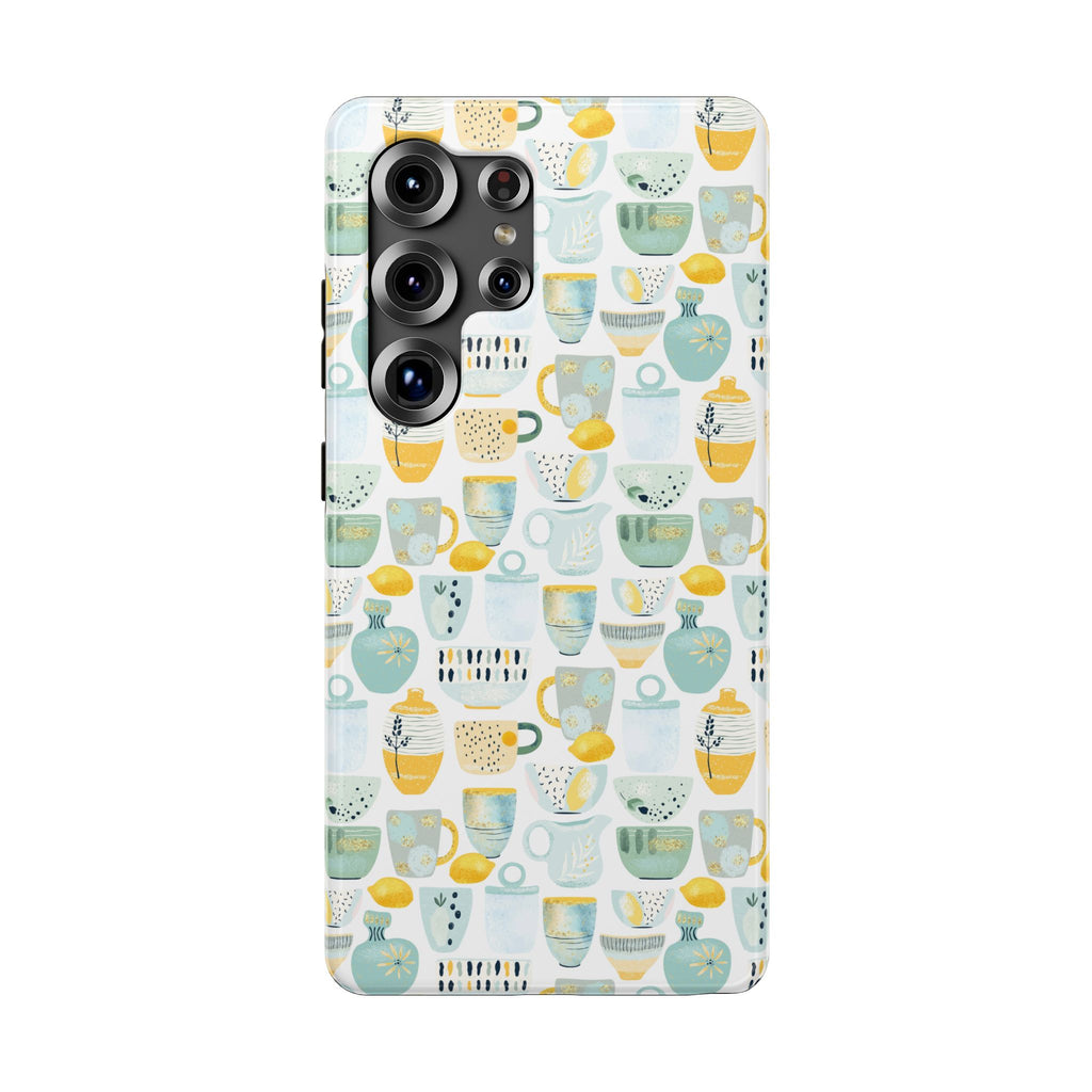 Ceramic Mugs Pattern Impact-Resistant Phone Case — Pastel Teacups & Lemons Design