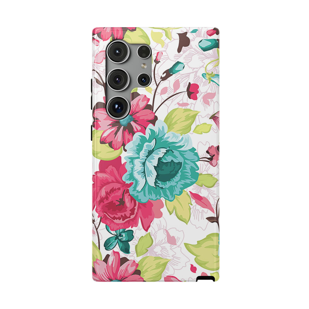 Floral Impact-Resistant Phone Case — Pink & Teal Vintage Rose Protective Cover