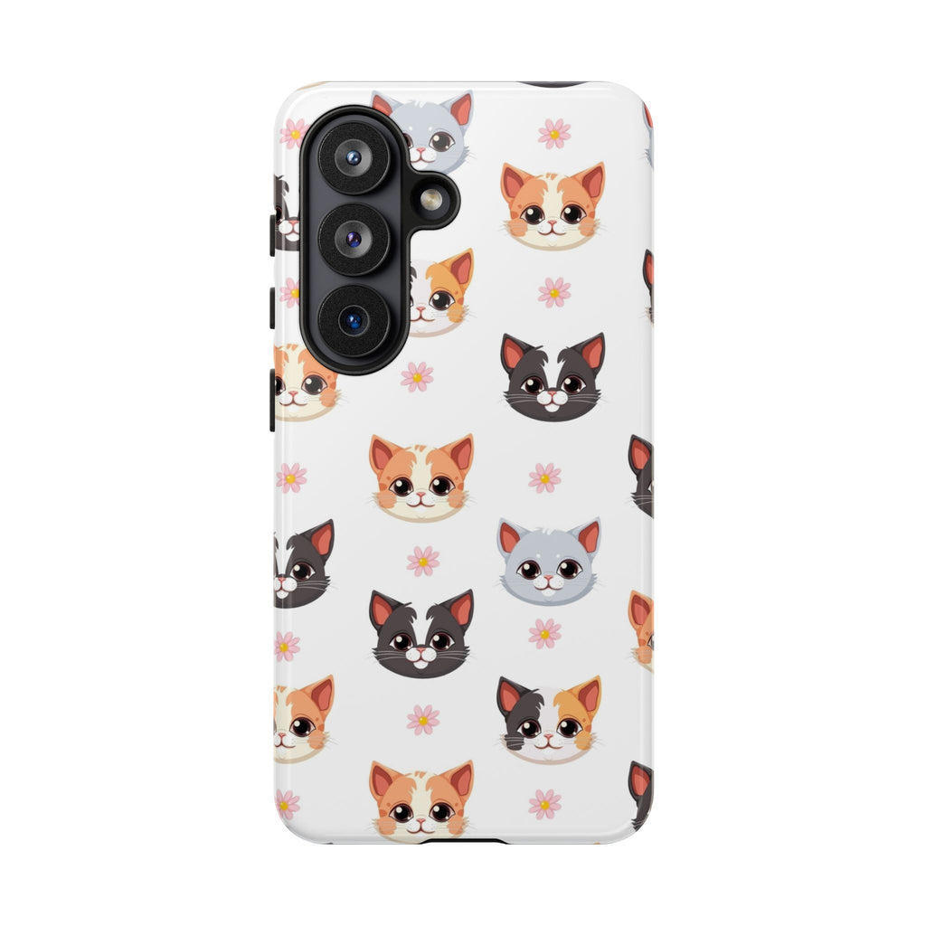 Cute Cat Faces Tough Phone Case — Floral Calico, Tuxedo & Grey Kitten Pattern