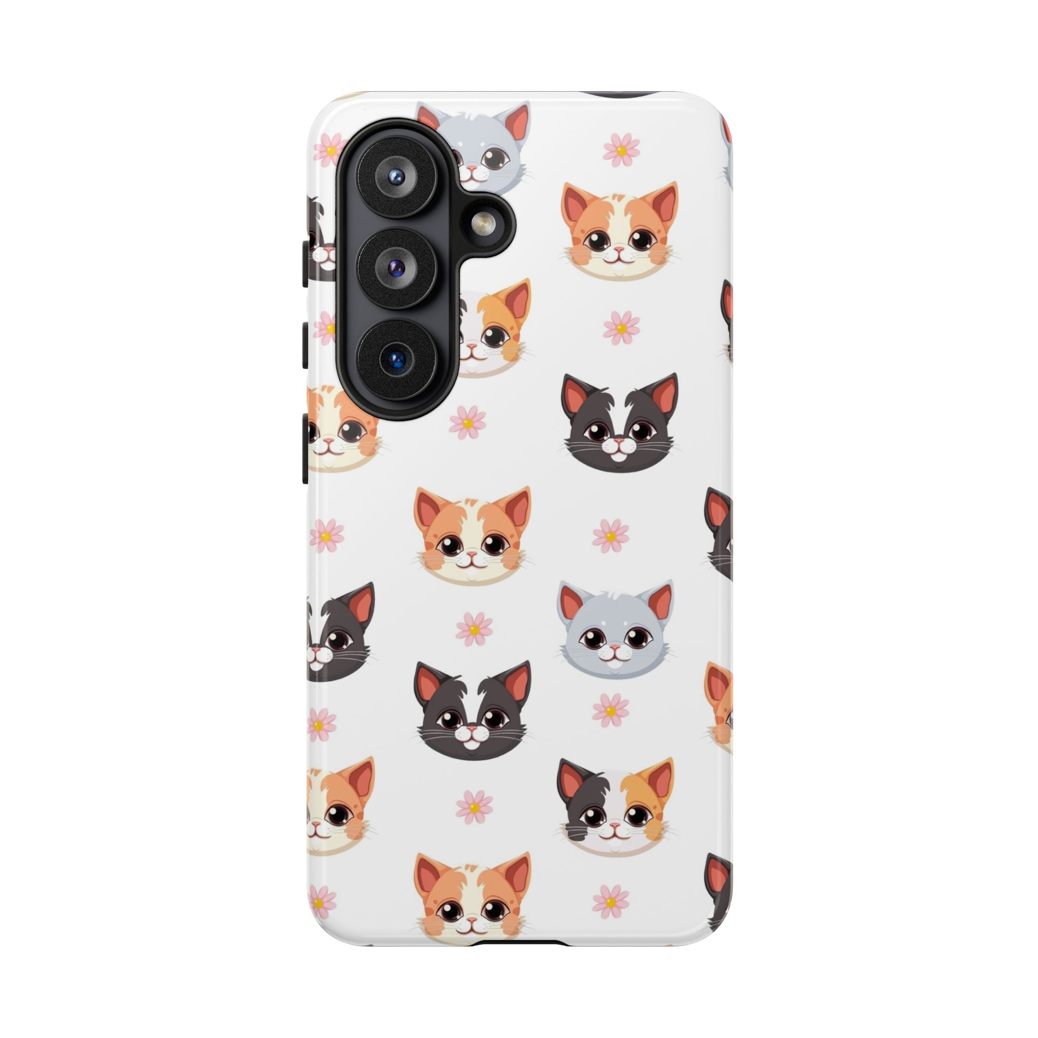 Cute Cat Faces Tough Phone Case — Floral Calico, Tuxedo & Grey Kitten Pattern