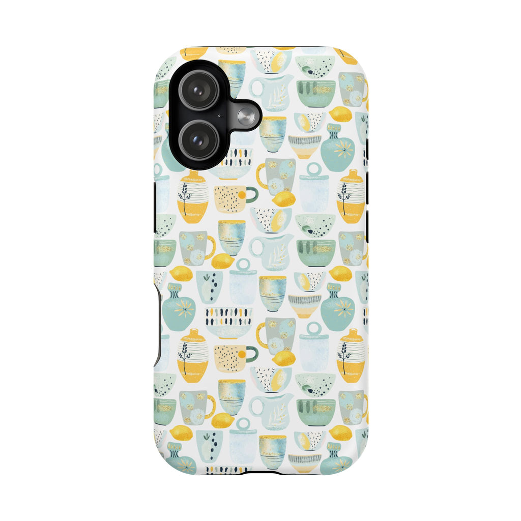 Ceramic Mugs Pattern Impact-Resistant Phone Case — Pastel Teacups & Lemons Design