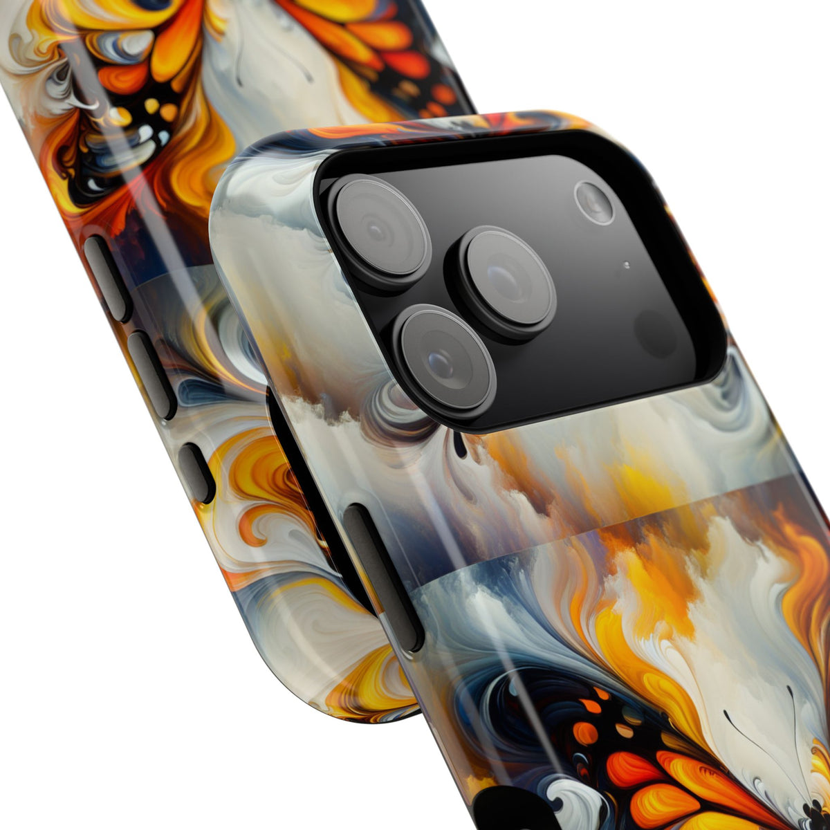 Impact-Resistant Phone Case — Orange & Black Swirl Butterfly Design
