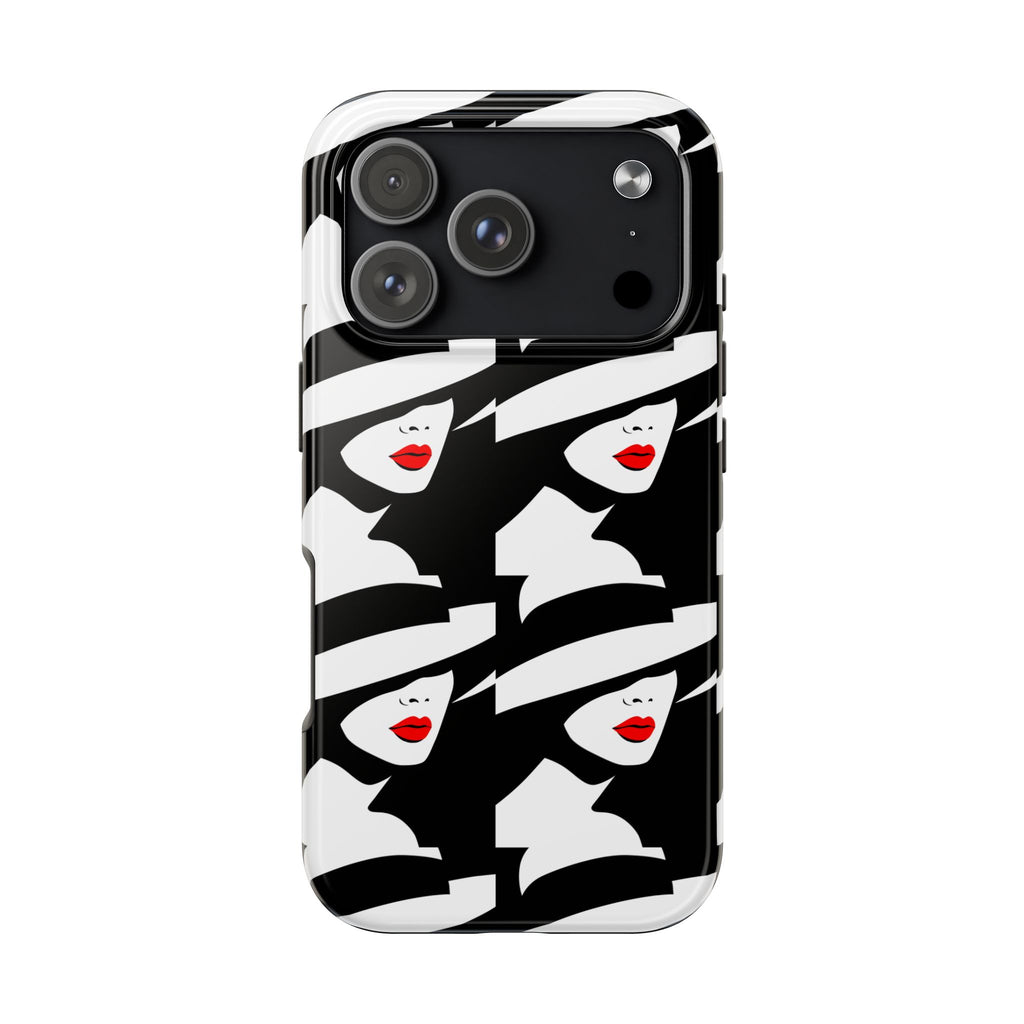 Tough Phone Case — Retro Chic Black & White Lady Pattern with Red Lips
