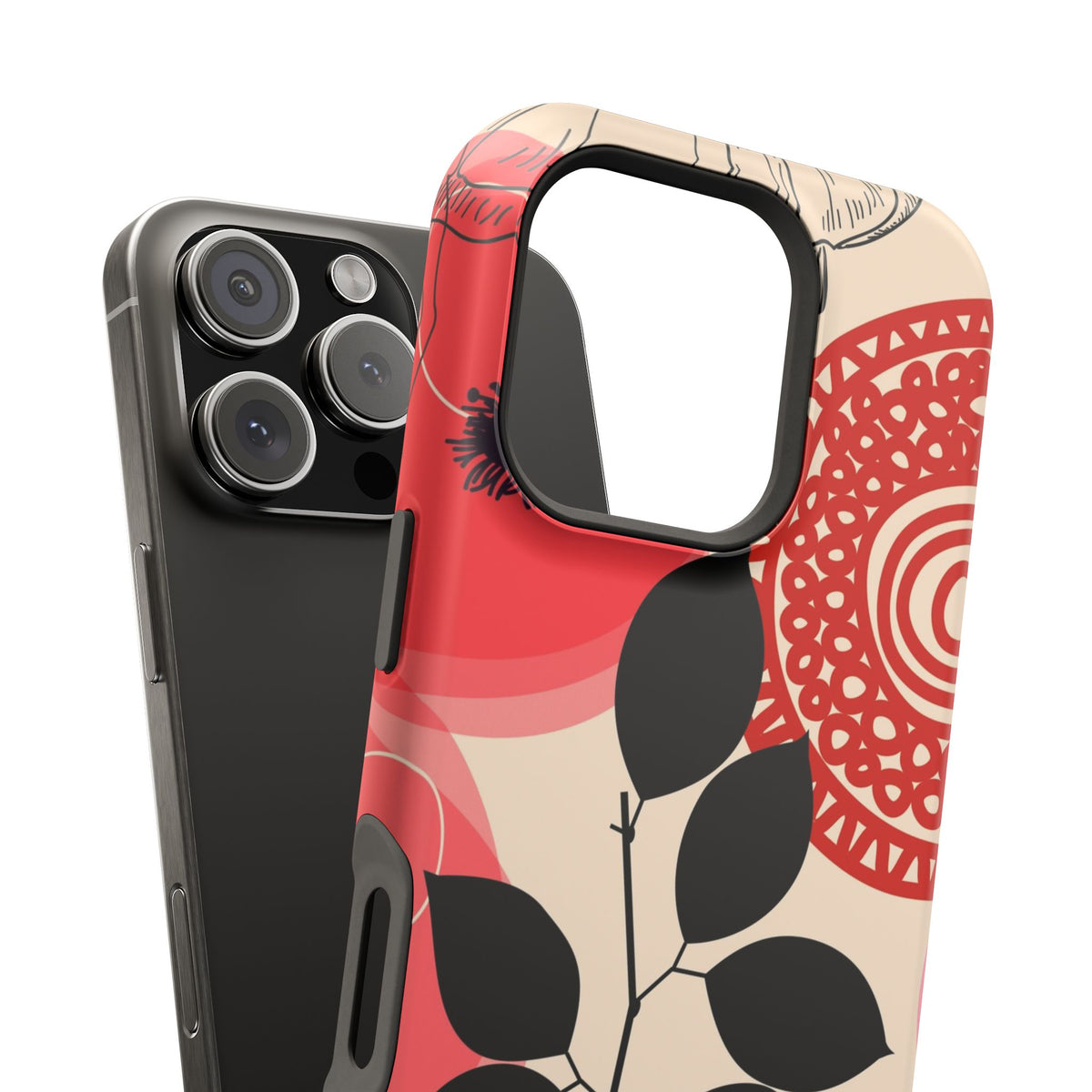 Floral Mandala, Red & Black leaf iPhone Impact-Resistant Phone Cases
