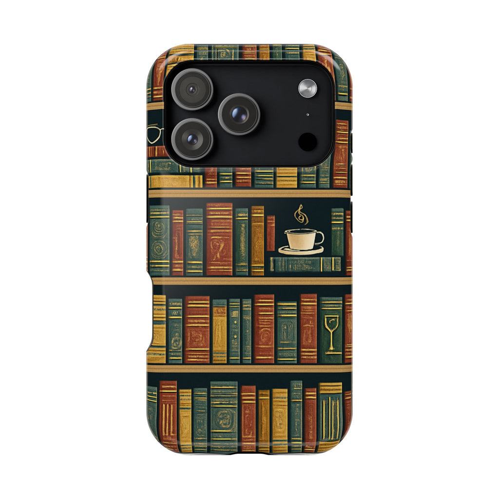 Booklover Phone Case — Library Shelf Pattern with Coffee Cup | Impact-Resistant