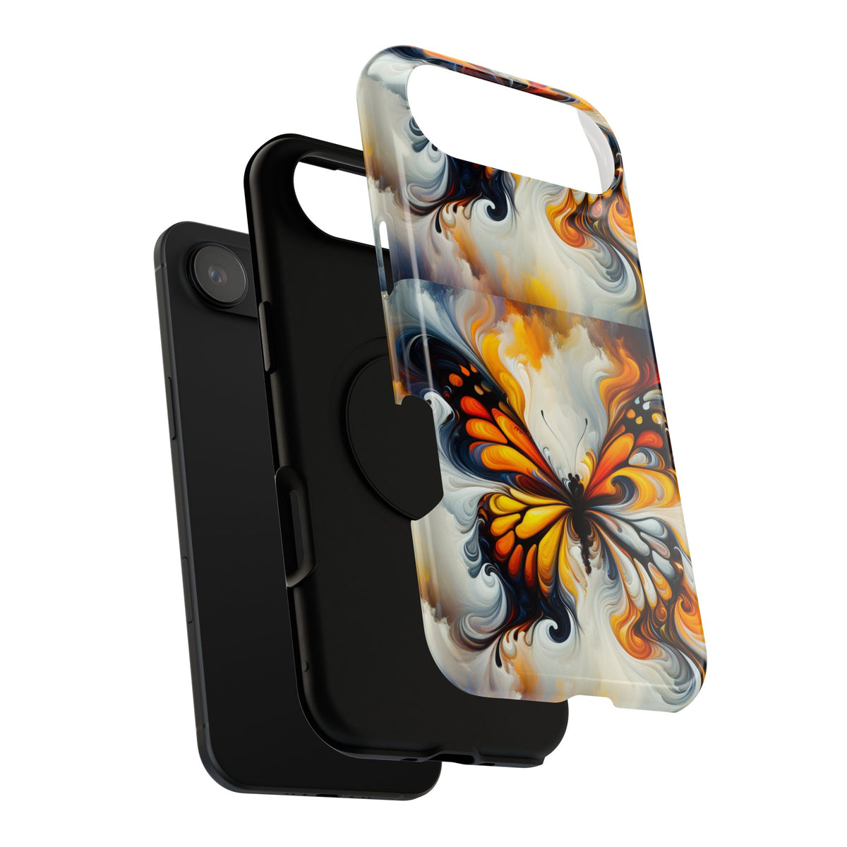 Impact-Resistant Phone Case — Orange & Black Swirl Butterfly Design