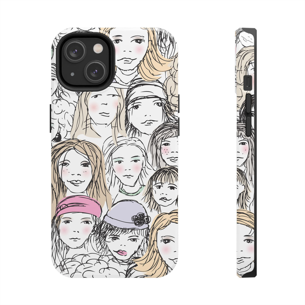 Girls Faces Pattern Tough Phone Case — Illustrated Portraits Protective Cover