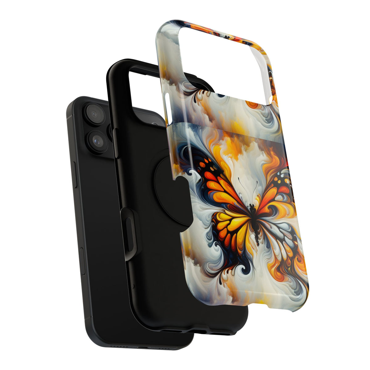Impact-Resistant Phone Case — Orange & Black Swirl Butterfly Design