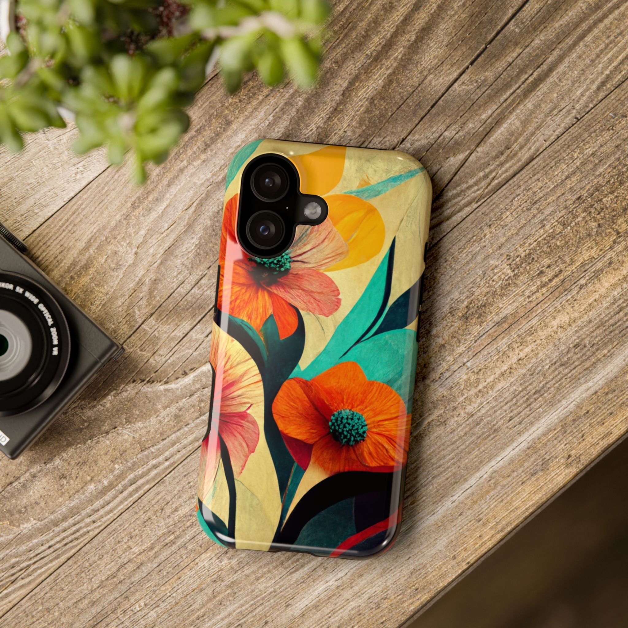 Floral Burst Impact-Resistant Phone Case — Vibrant Orange & Teal Flower Design
