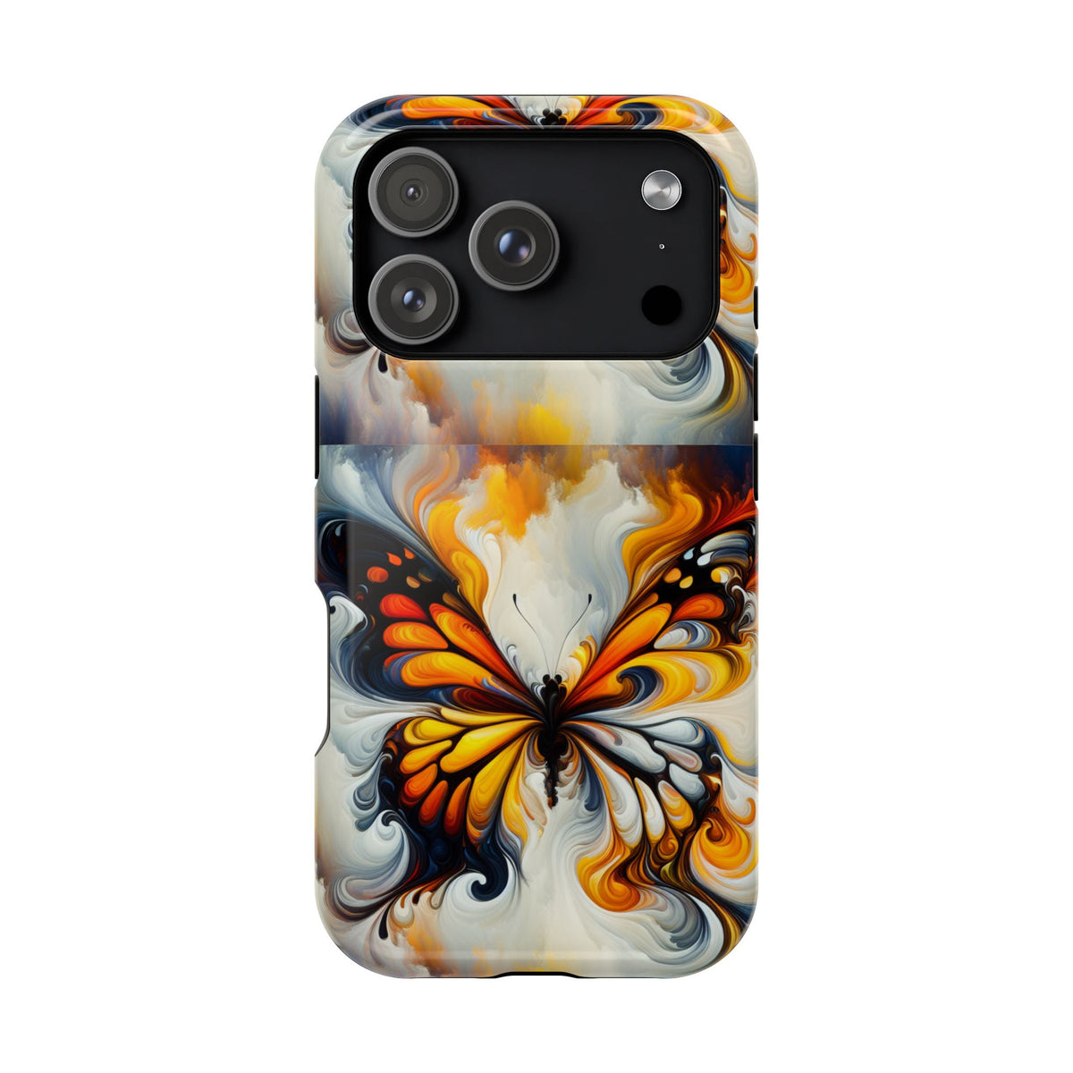 Impact-Resistant Phone Case — Orange & Black Swirl Butterfly Design