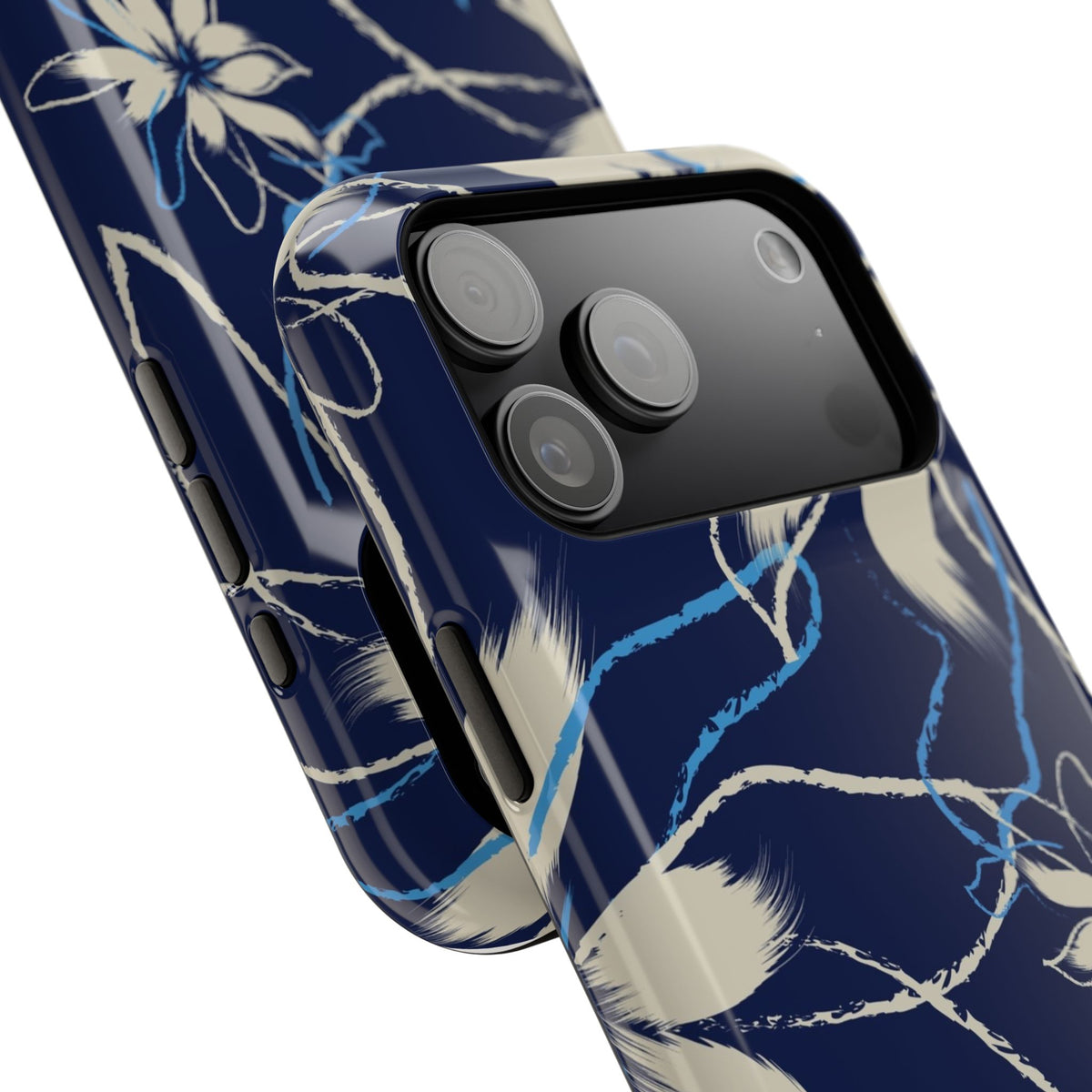 Floral Navy Impact-Resistant Phone Case — Blue Plumeria Design