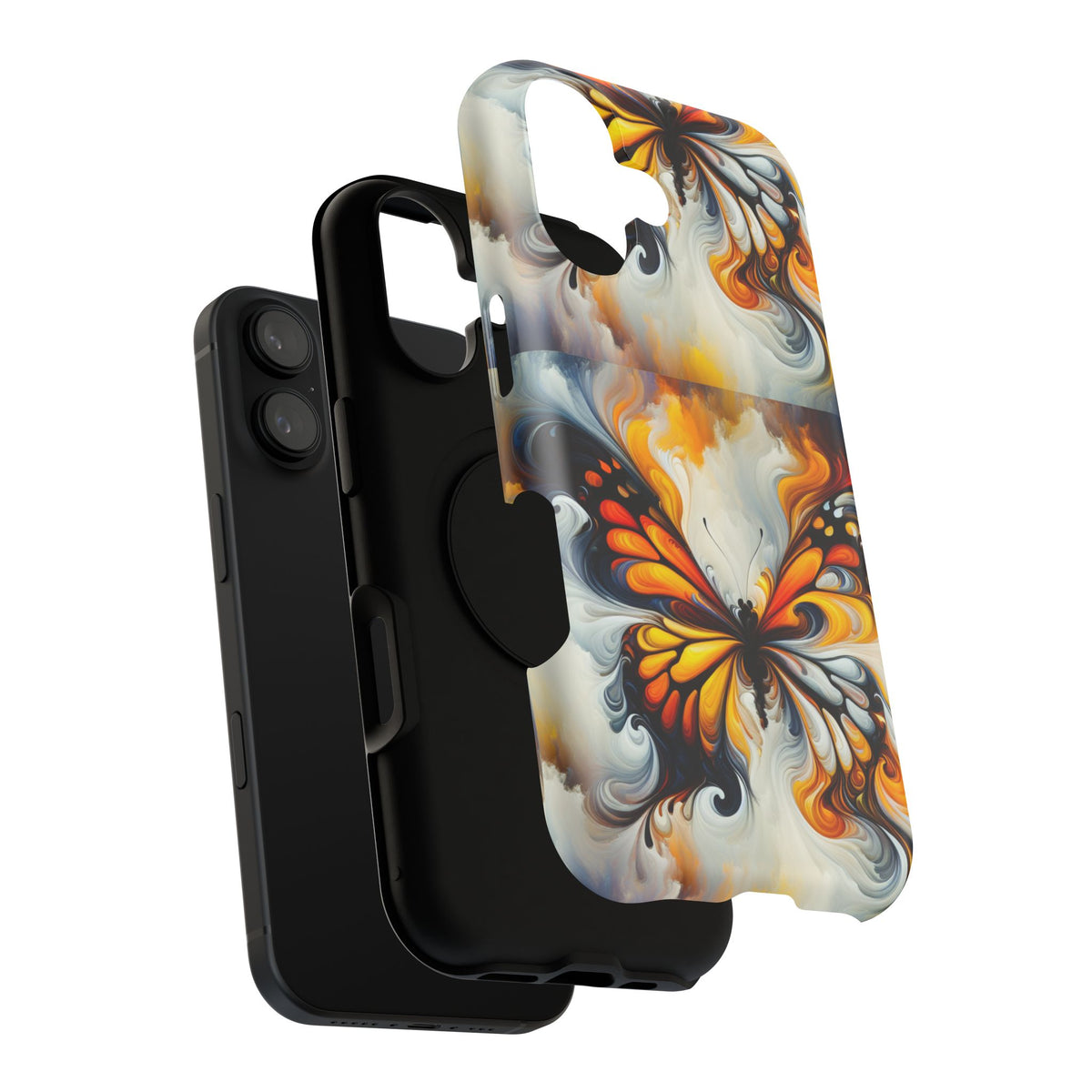 Impact-Resistant Phone Case — Orange & Black Swirl Butterfly Design